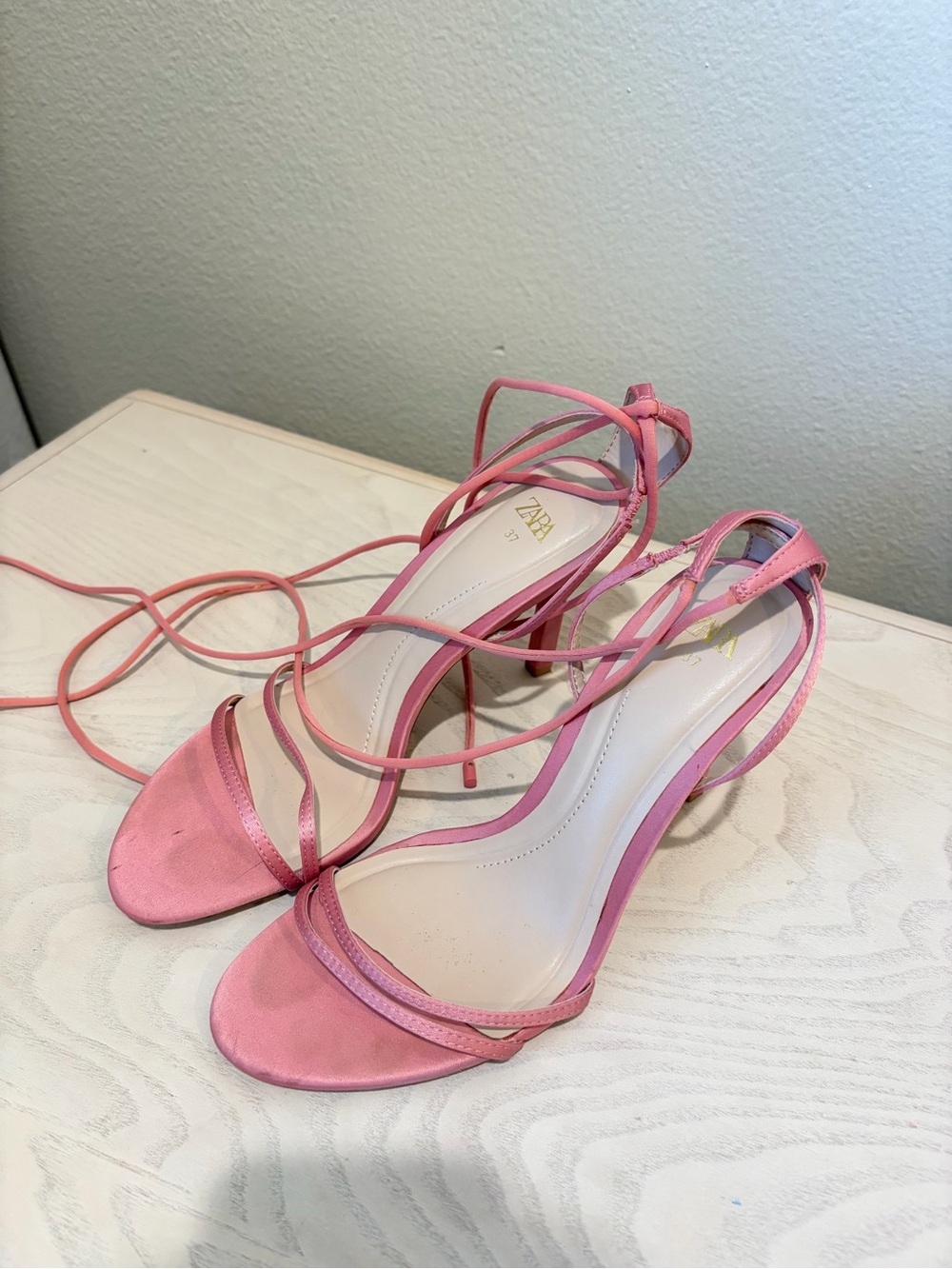 ZARA Pink Satin Lace-Up High Heel Sandals